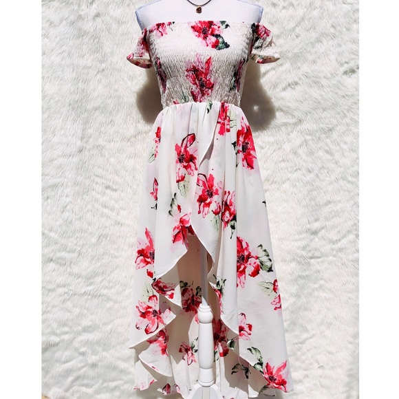 Amazon Dresses & Skirts - NEW WOMENS Cream Floral Smocked Off Shoulder HIGH LOW DRESS